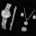 Elegant 5-piece silver alloy watch set with rhinestone star motifs and roman numerals - Silver Watch Necklace Bracelet Earrings And Ring Set (No Box)