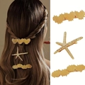 Ensemble de 3 barrettes en métal doré avec formes d'étoiles de mer et de vagues - Ensemble 2 (3 Pièces)