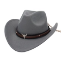 Chapeau de cow-boy classique en laine grise avec bande en cuir et logo de taureau argenté - M (56-58cm) / Gris
