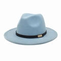 Close-up of sky blue wool felt fedora featuring a black ribbon and gold metal buckle - Sky Blue