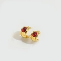 Vintage hammered gold flower earrings featuring oval red zircon stones in octopus design - C-Shape Gold Earrings
