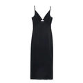 Minimalist black hollow-out mini dress with deep V-neck and spaghetti straps on white background - XS / Black