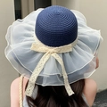 Blue straw sun hat with large white organza brim and beige lace bow detail - Solid Color Mesh Veil Navy Blue