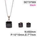 Gold plated stainless steel jewelry set with black square zircon pendant and earrings - Silver-Black Stone