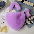 Purple heart-shaped faux fur plush bag with gold chain and matching pompom charms - Taro Purple