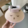 Pink straw open-top sun hat for kids with cute bunny ears and adjustable rear buckle - Straw Woven Style / 眯眯眼 Straw Hat-Pink