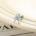 Silver bow cartilage stud earring with light blue heart zircon and flat screw back - Light Sea Blue Heart Bow-knot Style (Single Piece)