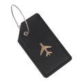 Detailed macro view of black leather luggage tag with gold airplane and steel ring cable - Black