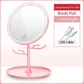 Pink LED makeup mirror with branch jewelry holder and three-color adjustable light - Hanging Organizer Style / Pink