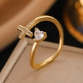 Golden multi-layer open ring featuring heart-shaped zircon and crystal cross detail - Gold Heart Zirconia Cross (1535)