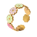 Detail of 18k gold plated open ring with colorful enamel daisy flowers in macro view - Adjustable Open / Style 7 (Vintage Daisy)