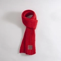 Kids red knitted scarf with classic ribbed texture and stylish brown leather label - EST MOVE Leather Label / Red