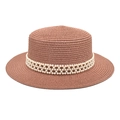Detailed close-up of woven pearl band decoration on a French flat top boater straw hat - M (56-58cm) / Dusty Pink