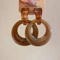 Detailed close-up of retro amber resin hoop earrings with elegant marble texture detail - 52# Silver Earring Post-Coffee (Amber Hoop)