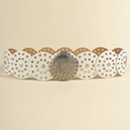 Detailed view of white leather waist belt with silver metal grommets and carved buckle - 19635 Antique Silver White