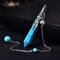 Blue hexagonal crystal pendant necklace with silver hollow accents and beads - Antique Silver Blue Turquoise
