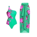 Detail of green floral one-shoulder swimsuit and matching wrap skirt beach set - Y20 Green Print Set