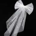 White bridal mesh bow hair clip with faux pearls and long ribbons for photography - Beaded Tulle Streamer Bow