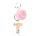 Letter T resin keychain with pink heart sequins and a soft fluffy pompom charm - Letter T