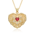 Close-up of heart-shaped gold necklace featuring red gemstone and white zircon detail - Red Heart Gemstone Style (h152)