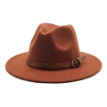 Detailed macro view of the caramel wool fedora hat featuring a buckled leather band - M (56-58cm) / Caramel color