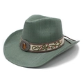 Cappello da cowboy vintage in paglia verde con fascia ricamata a fiori e gemma ambra - M (56-58cm) / Verde Ninfea