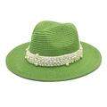 Detail of green straw fedora hat featuring white ribbon band and pearl embellishments - M (56-58cm) / Fruit Green