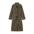 Olive green double-breasted faux suede trench coat with belt and epaulettes on white background - XS / Olive Green
