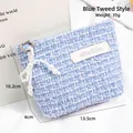 Blue tweed cosmetic pouch with pearl bow and brand label for small items - Elegant Tweed Style / Blue