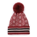 Winter knit beanie with geometric snowflake patterns and faux fur pompom in dark red - M (56-58cm) / Burgundy