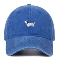 Detail of dachshund embroidery on deep blue washed denim baseball cap with curved brim - One Size / Dark Blue