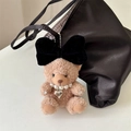 Brown curly plush bear keychain with black velvet bow and pearl necklace for bags - Large Black Bow Brown Bear Bag Charm