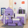 Close-up of a 5-piece purple and cream nylon school backpack set with cute bear patterns - 558 Purple