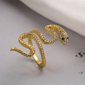 Snake shaped ring in 18K gold plated copper with white zircons and green gemstone eyes - Adjustable Open / Golden Snake Style (10384)