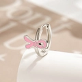 Sweet silver hoop earrings with pink enamel bow charms for women and girls - Pink Bow Silver Huggie(A455-蝴蝶结耳扣(单只)) / Single Piece