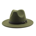 Classic olive green fedora wool hat with brown leather band and gold horsebit buckle - Army Green