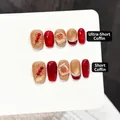 Uñas postizas rojas y doradas con carácter 'Fa' y decoraciones festivas en relieve - Extra Pequeño (XS) / 3303-Ataúd Corto
