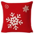 Red linen-textured Christmas pillowcase featuring three white snowflake patterns - A-38