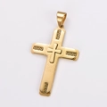 Macro shot of gold stainless steel cross pendant with intricate relief and Greek key patterns - Large / No Chain / Gold