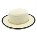 Chapeau de paille pour femme avec chaîne dorée et bordure noire pour l'été et plage - M (56-58cm) / Blanc Cassé
