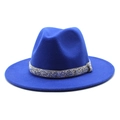 Detailed shot of royal blue wool fedora hat featuring a sparkling silver rhinestone band - Sapphire Blue
