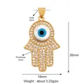Golden Hamsa Hand pendant with white zircons and blue evil eye charm for DIY jewelry - M599451-blue / Blue