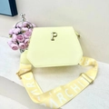 Pale yellow PU leather tote bag with metal P logo and wide ARCHI print shoulder strap - Yellow