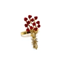 Golden napkin ring featuring a red rose and sparkling rhinestone bow on white background - Style 16-Red Rose Bouquet with Bow