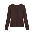 Gilet en maille côtelée marron foncé ajusté avec bords ondulés et col rond boutonné - S / café