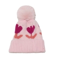 Detailaufnahme der rosa Strickmütze für Babys mit Tulpenmuster und weichem Bommel - M (50-54cm) / Rosa