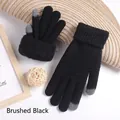 Women's black knit touchscreen gloves with thick brushed lining and cute deer motif - Brushed Single Layer / Brushed Black