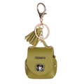 Green PU leather mini earphone case keychain with tassel, pearl flower, and gold hardware - Olive Green