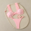 Solid light pink two-piece bikini set with twist-front bandeau top and high-cut bottoms - S / Pink