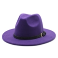 Detail of purple fedora hat with black leather band and golden metal buckle close-up - M (56-58cm) / Purple